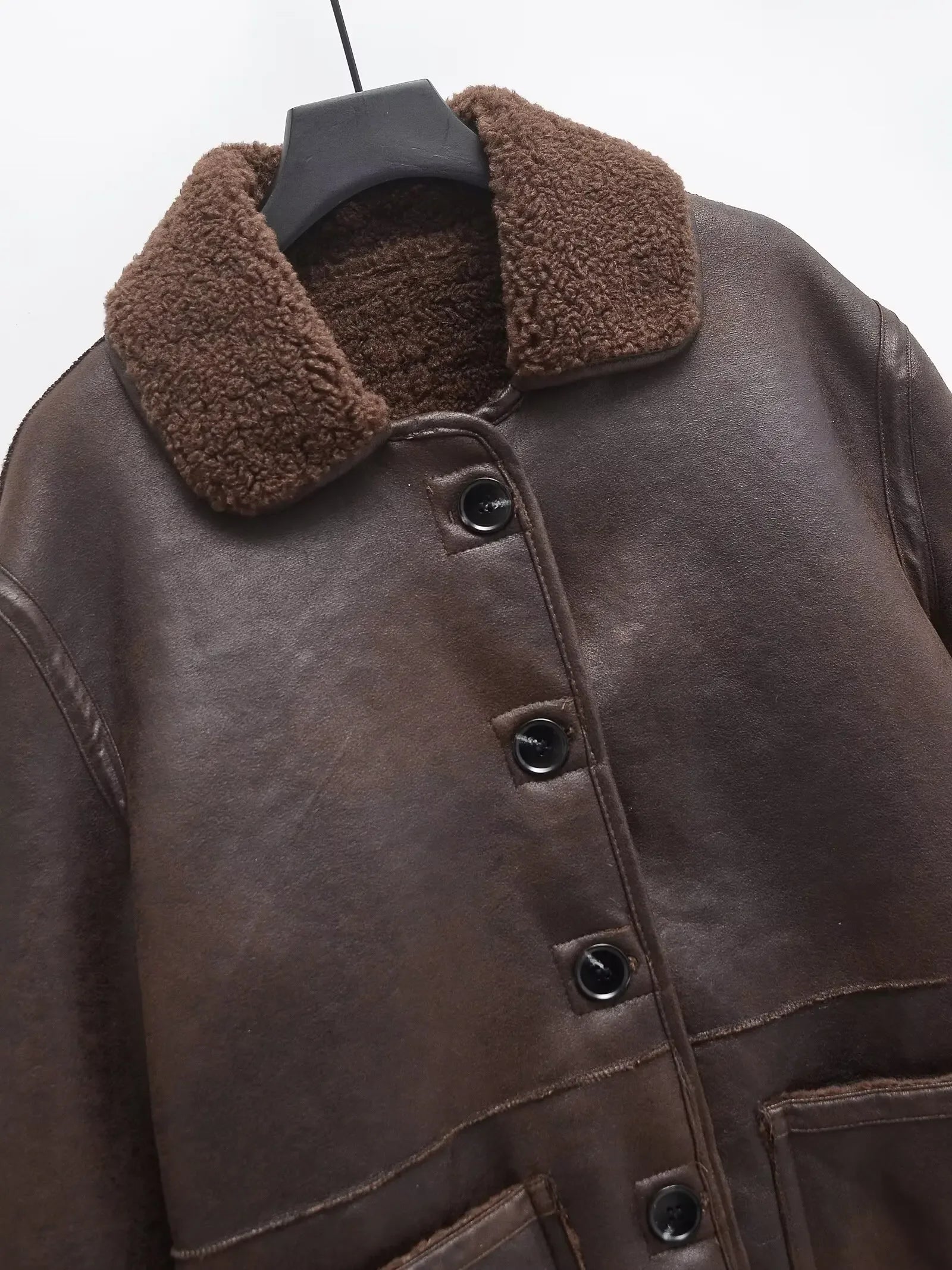LIZAKOSHT  -  Casual Lamb Wool Splicing Leather Jacket Women Lapel Single Breasted Loose Pocket Thickened Coat Lady Winter Daily Commute Coats