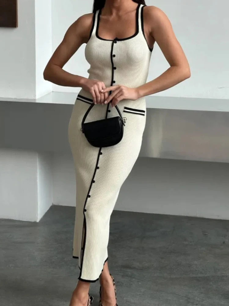 LIZAKOSHT  -  Fashion Patchwork Long Dress Women Square Collar Sleeveless Single Breasted Split Robe 2025 Summer Elegant Female Party Dresses