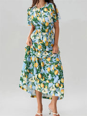 LIZAKOSHT  -  Fashion Women Long Maxi Dress High Waist V-Neck Short Flare Sleeve A-line Dresses with Pockets Female Beach Vestidos