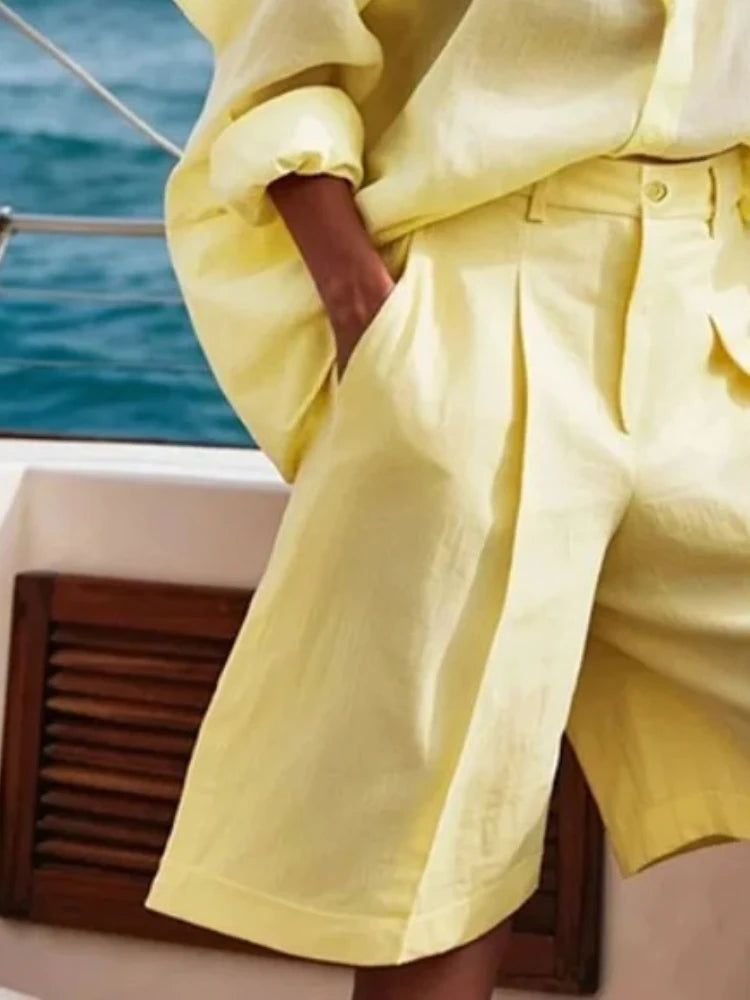 LIZAKOSHT  -  Casual Shorts for Women Cotton Linen Wide Leg Shorts New Fashion Loose High Waisted Pleated Elegant Yellow Half Pants