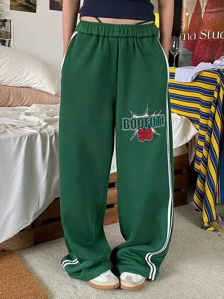 LIZAKOSHT  -  Sports Pants Two-Bar Letter Printing American Summer Women Green Loose Straight Mop The Floor Leisure Wide-Leg Pants Tide