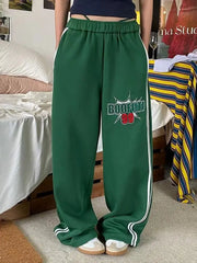 LIZAKOSHT  -  Sports Pants Two-Bar Letter Printing American Summer Women Green Loose Straight Mop The Floor Leisure Wide-Leg Pants Tide