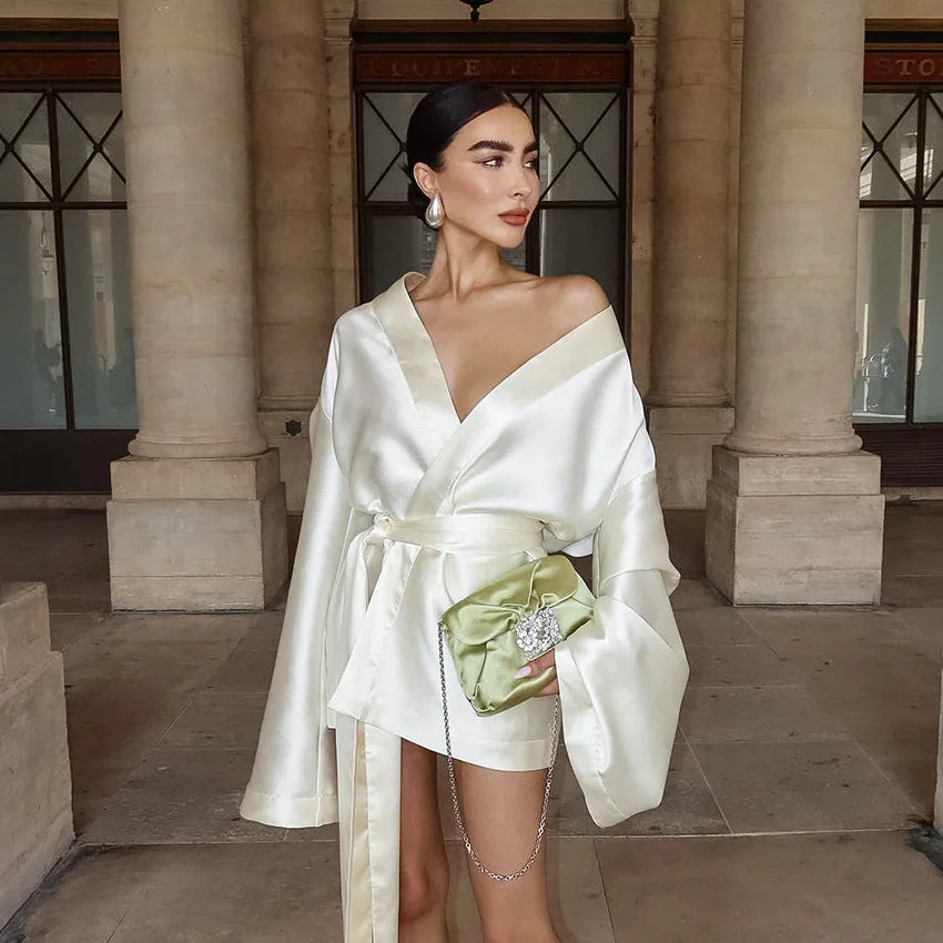 LIZAKOSHT  -  Spring Sexy Loose Strap Long Sleeve Dress Fashion Satin Dress Skirt Short Skirt Women's Clothing