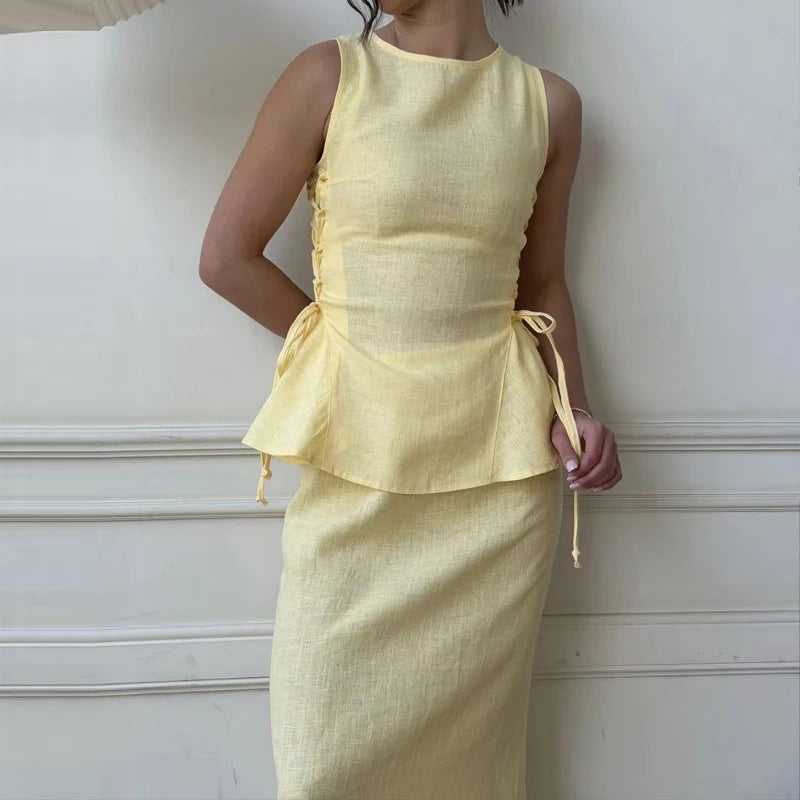 LIZAKOSHT  -  Casual O-Neck Sleeveless Lotus Leaf Swing Outfit Lady Elegant Side Tie Up Vest+Skirt 2pc Set Chic Solid Waist Cinch Commute Suit