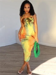 LIZAKOSHT  -  Summer Tie-dye Print Sexy Bandage Camisole Maxi Dress Vacation Outfit For Women 2024 Backless Split Beach Party Vestidos