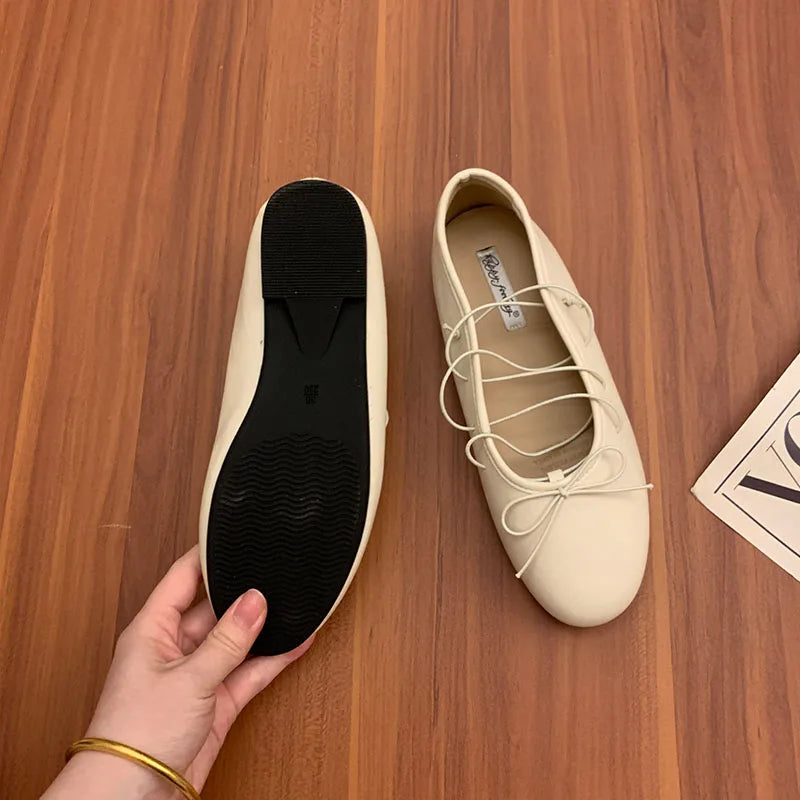LIZAKOSHT  -  New Round Toe Fashion Cross-tied Women Flats Dress Shoes Shallow Slip On Ballet Shoes Soft Ladies Flat With Shoes