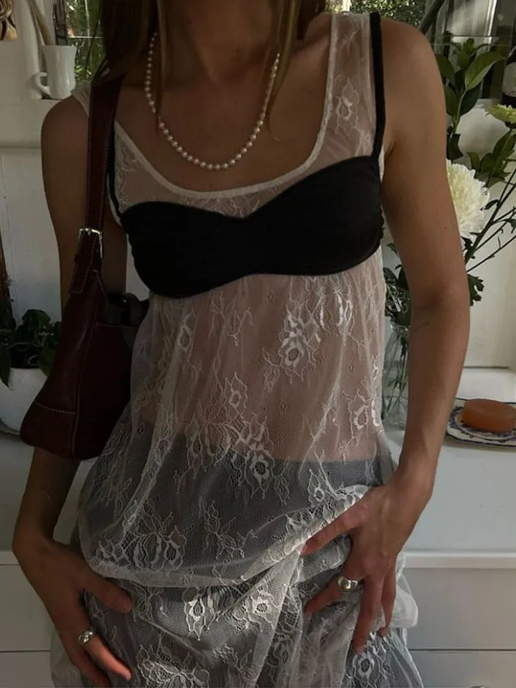 LIZAKOSHT  -  Perspective Lace Cover Up Dress Hollow Out Mesh Sexy Halter Loose See Through Women Suspender Long Dresses Spring Summer New