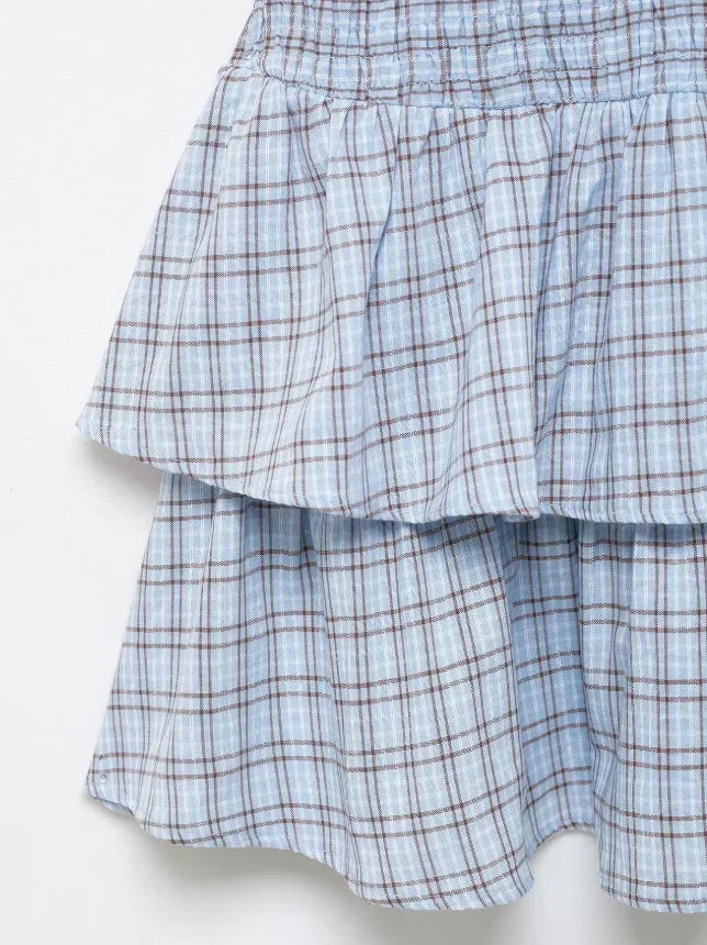 LIZAKOSHT  -  Plaid Waist Cinching A-line Dress Women Casual Short Sleeve V-neck Layered Pleated Mini Dresses Lady Holiday Street Robes