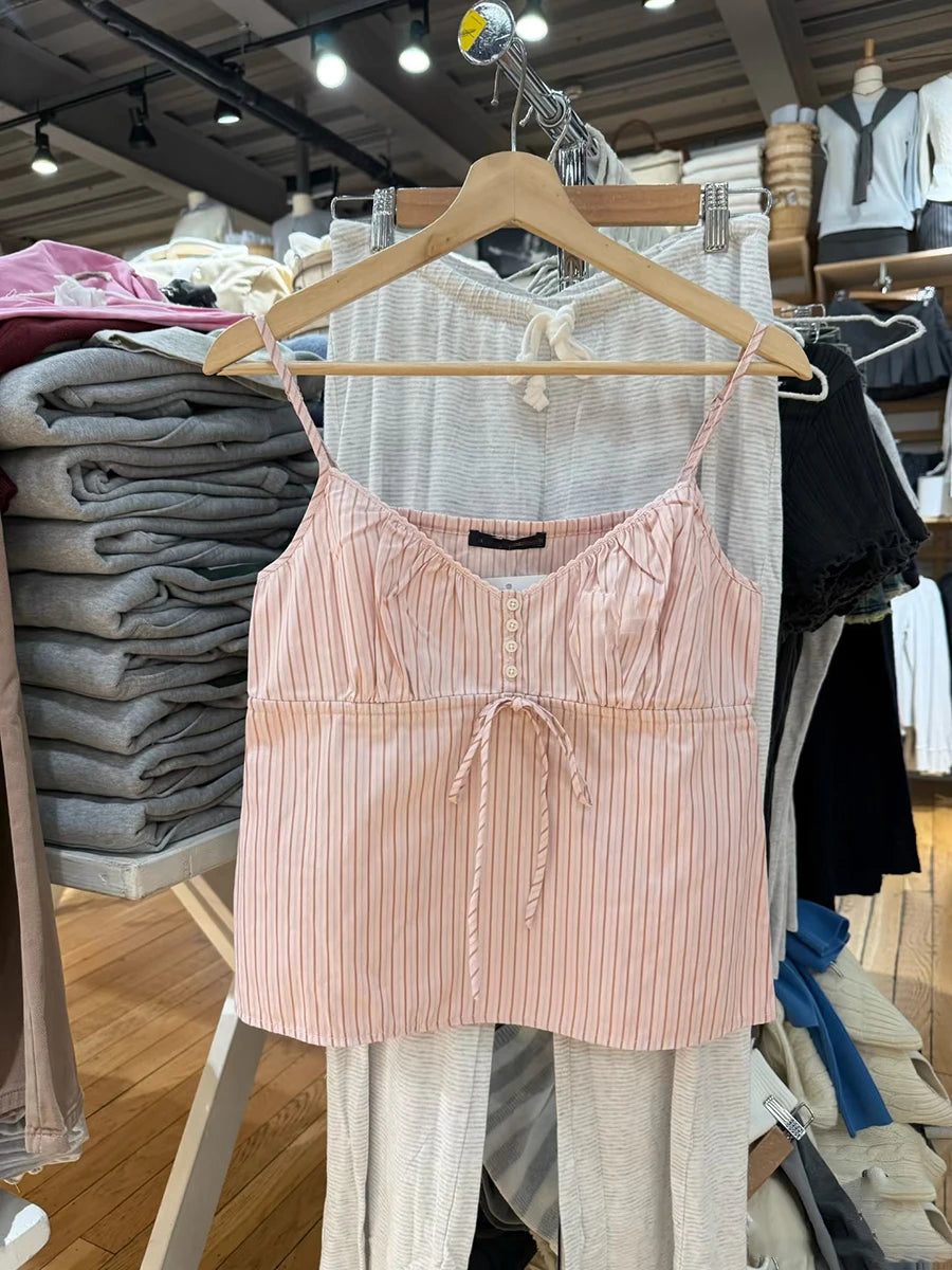 LIZAKOSHT  -  Drawstring Pink Striped Tank Pant Set Women Summer Button Sleeveless Slim Camis+Straight Trousers Sweet Cute Pajama 2 Piece Sets
