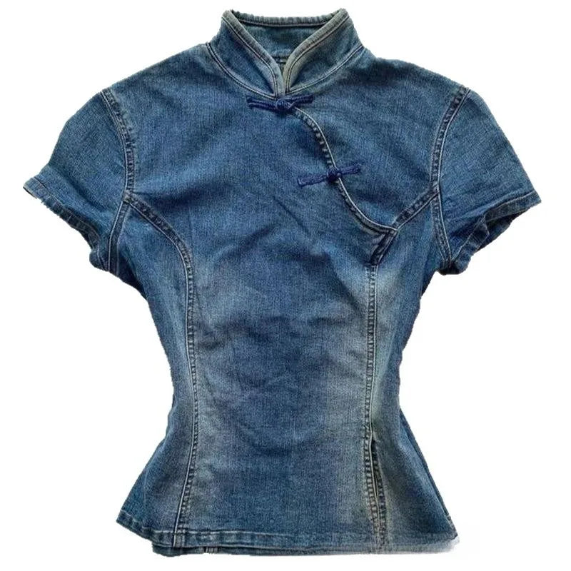 LIZAKOSHT  -  Y2k Chinese Style Denim T Shirt for Women Stand Collar Spring Summer Ropa De Mujer Solid Vintage Versatile Short Tees