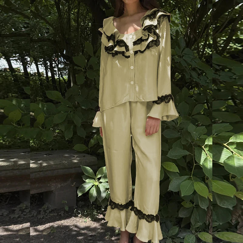 LIZAKOSHT  -  Women Satin Silk Pajamas Lace Trim Long Sleeve Turn Down Ruffles Button Up Blouse Tops + Pants Lounge 2 Pcs Set