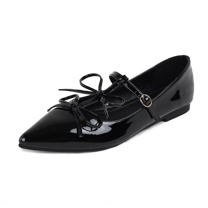 LIZAKOSHT  -  sexy T-strap flats women double bowtie ankle strap party shoes woman pointed toe cutout mary janes japanned leather loafers