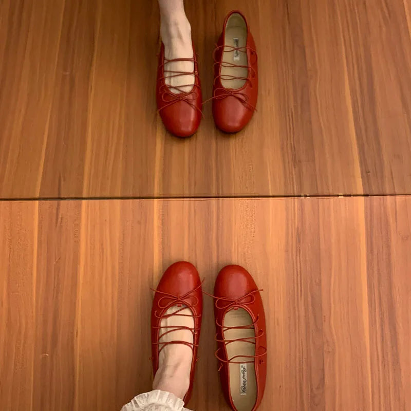 LIZAKOSHT  -  New Round Toe Fashion Cross-tied Women Flats Dress Shoes Shallow Slip On Ballet Shoes Soft Ladies Flat With Shoes
