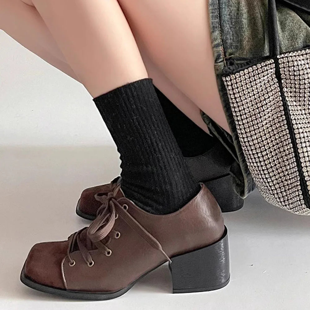 LIZAKOSHT  -  Vintage Brown maillard Style Casual Pumps Square Toe Patchwork Block Heels Lace-up Shoes Women