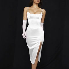 LIZAKOSHT  -  Summer Dress Split Fork Rayon Satin Drawstring Spaghetti Straps Cowl Neck Backless Long Dresses Women Party Sexy Vestidos
