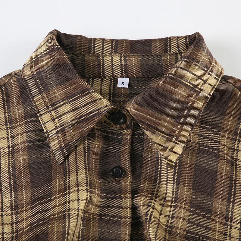 LIZAKOSHT  -  Back Shirred Plaid Blouse Brown French Style Turn-down Collar Single-breasted Shirts Vintage Puff Short Sleeve Tops