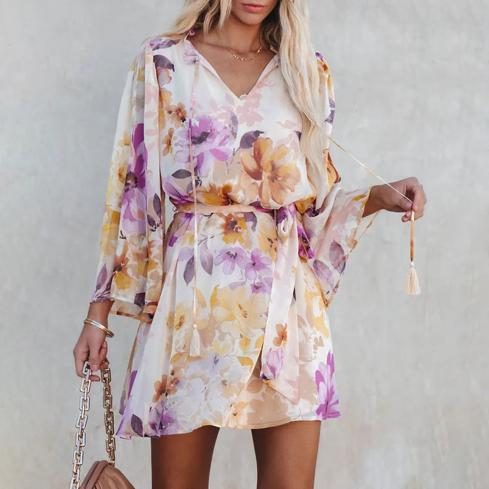 LIZAKOSHT  -  New Women's Fashionable Floral V-neck Long Sleeved Backless Lace Up Casual Dress