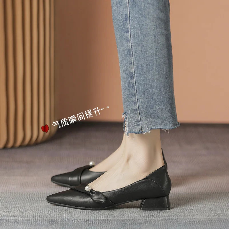 LIZAKOSHT  -  spring leather bow band flat shoes woman pointed toe pearl decoration slip on loafers two wears pleated ballet flats for women