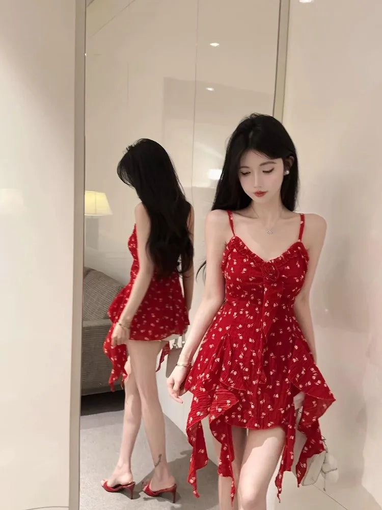 LIZAKOSHT  -  Camis Sexy Floral Printed Irregular Ruffles Slim Patchwork Flowers Vintage Summer Fashion Sweet Tank Tops Ladies Casual