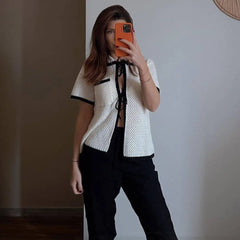 LIZAKOSHT  -  Women Basic Knit Tops Casual Tie Front Cardigan Contrast Color Summer Short Sleeve T-Shirts Streetwear Aesthetic Clothes