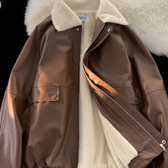 LIZAKOSHT  -  Winter Lapel Pu Leather Women Padded Jacket Faux Lamb Vintage Spliced Zipper Outwear Loose Highstreet Fleece Collar Warm Coat