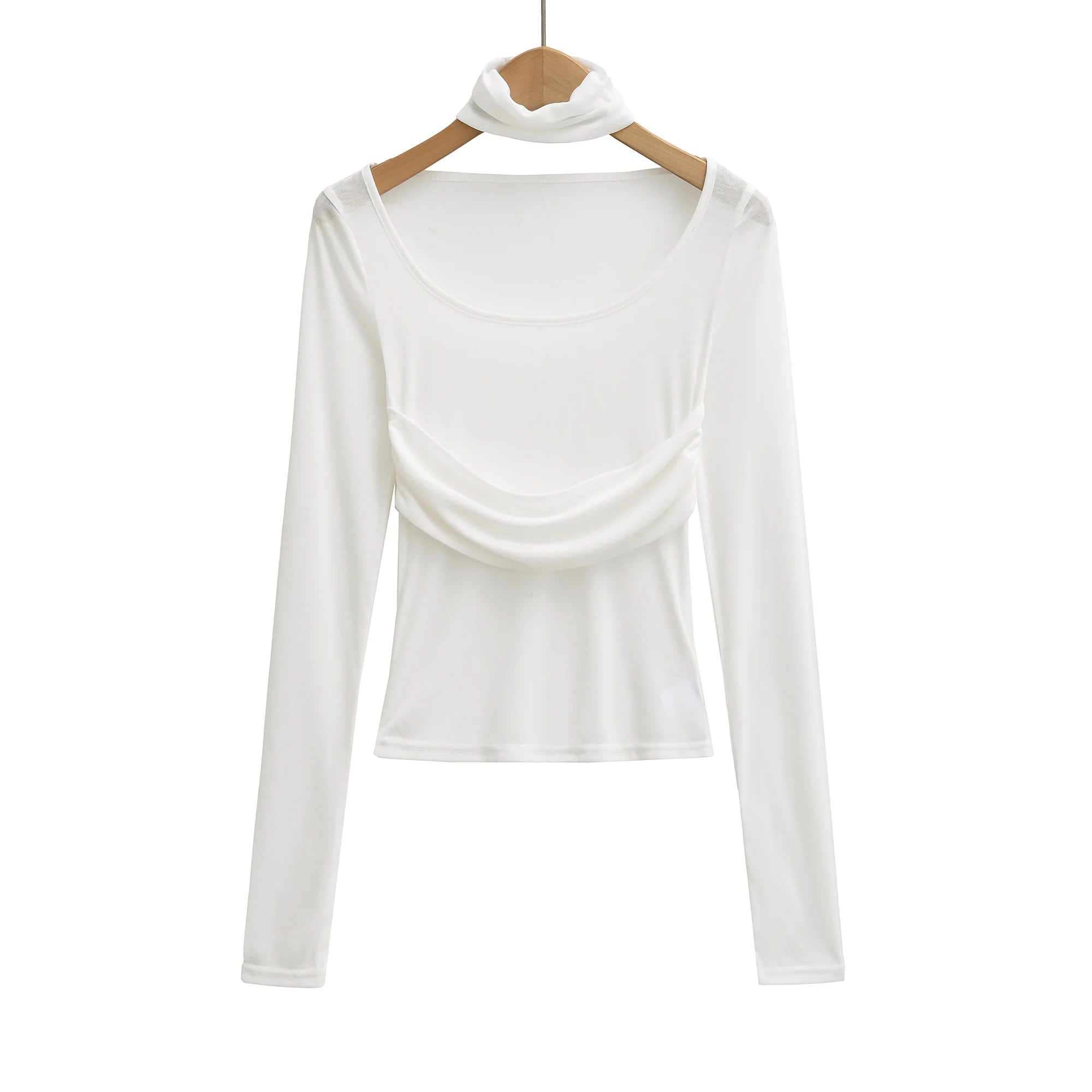 LIZAKOSHT  -  3 color Spring Removable High Collar Long Sleeve T Shirt Women Spliced Ruched Chest Stretch T-shirt Skinny Top Apricot White