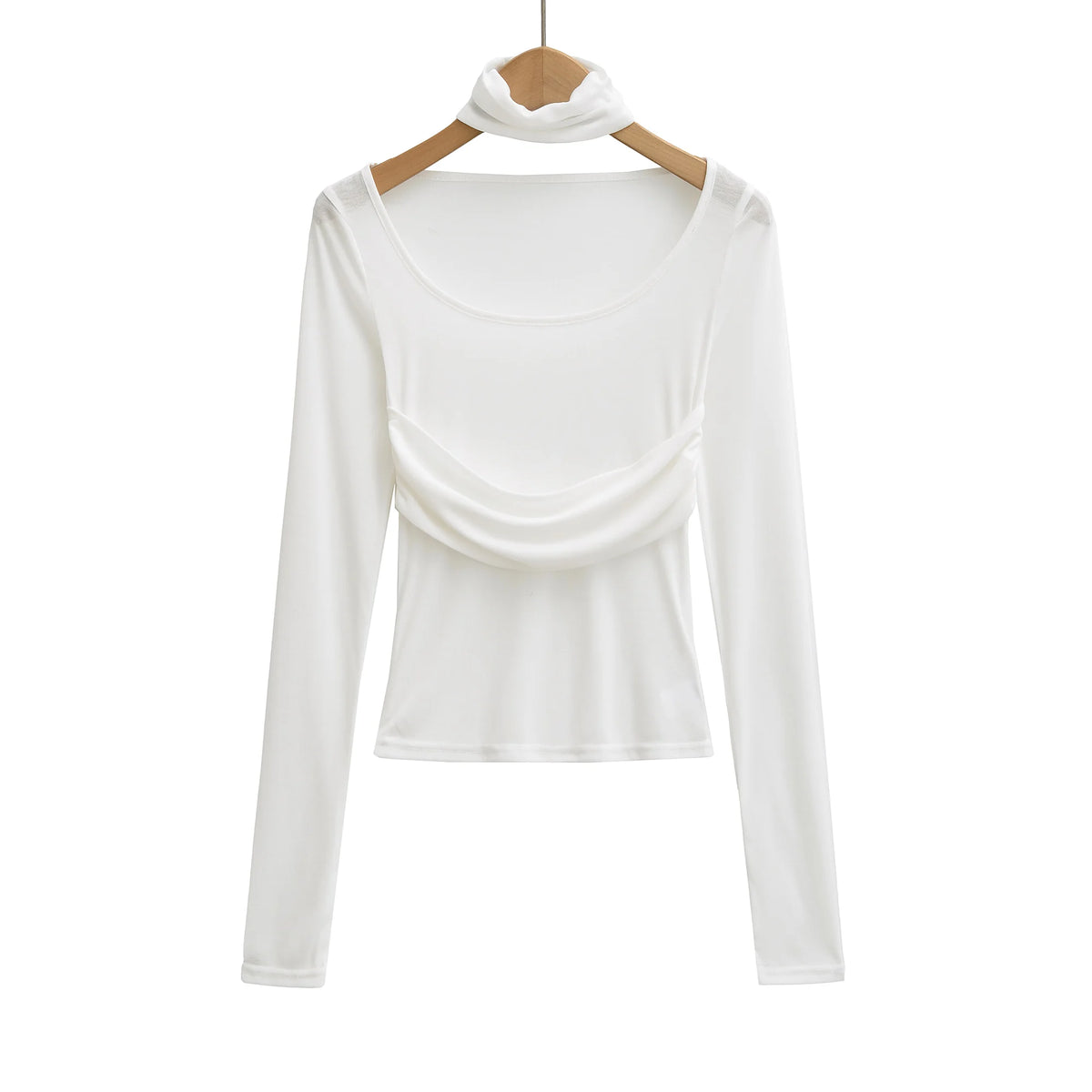 LIZAKOSHT  -  3 color Spring Removable High Collar Long Sleeve T Shirt Women Spliced Ruched Chest Stretch T-shirt Skinny Top Apricot White