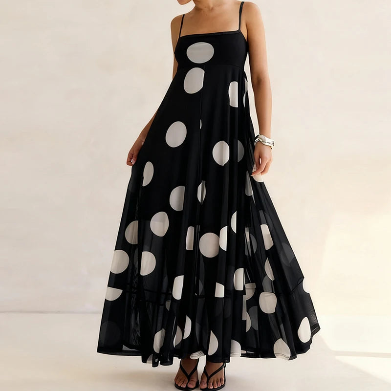 LIZAKOSHT  -  Retro Polka Dot Maxi Dress Elegant Lady Spaghetti Strap Flowy Dresses for Women Summer Vacation Brunch Outfits