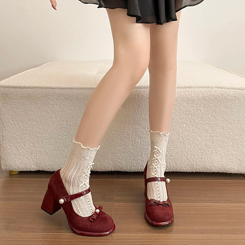 LIZAKOSHT  -  Designer Square Toe Women Lolita Mary Jane Shoes New Spring Ladies Elegant Butterfly-knot Thick Heel Wedding Party Pumps