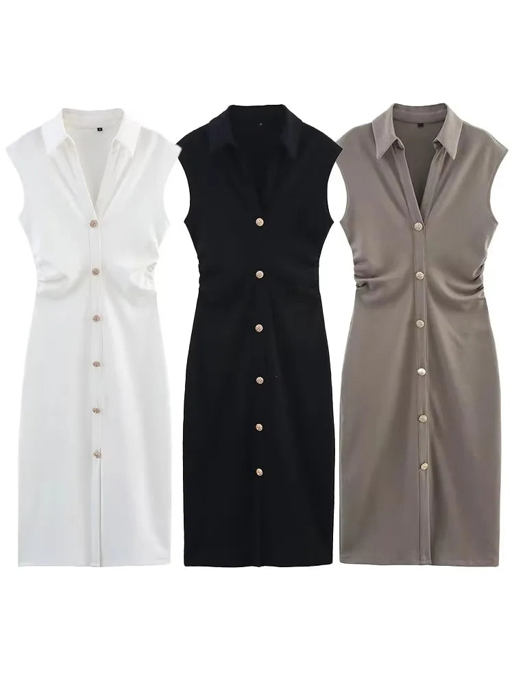 LIZAKOSHT  -  Elegant Long Dress Women 2025 New Summer Chic Sleeveless Ruched Single Breasted Midi Dresses Office Lady Vintage Causal Dress