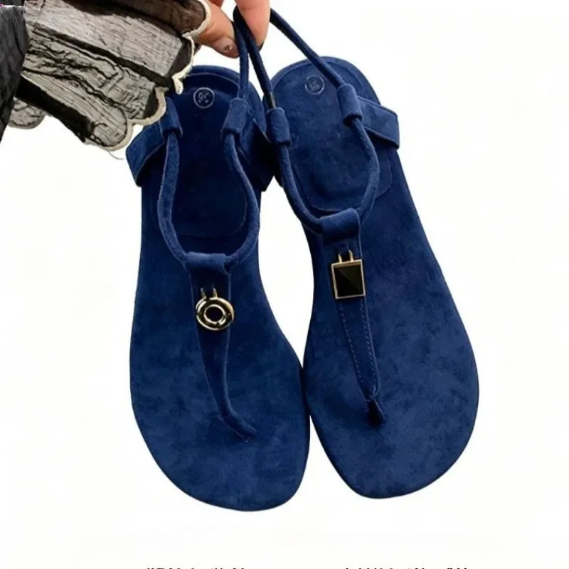 LIZAKOSHT  -  Summer Women's Blue Suede T-Strap Flip Flops Metal Decor Flat Sandals Ankle Strap Casual Slingback Slippers Beach Shoes