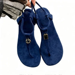 LIZAKOSHT  -  Summer Women's Blue Suede T-Strap Flip Flops Metal Decor Flat Sandals Ankle Strap Casual Slingback Slippers Beach Shoes