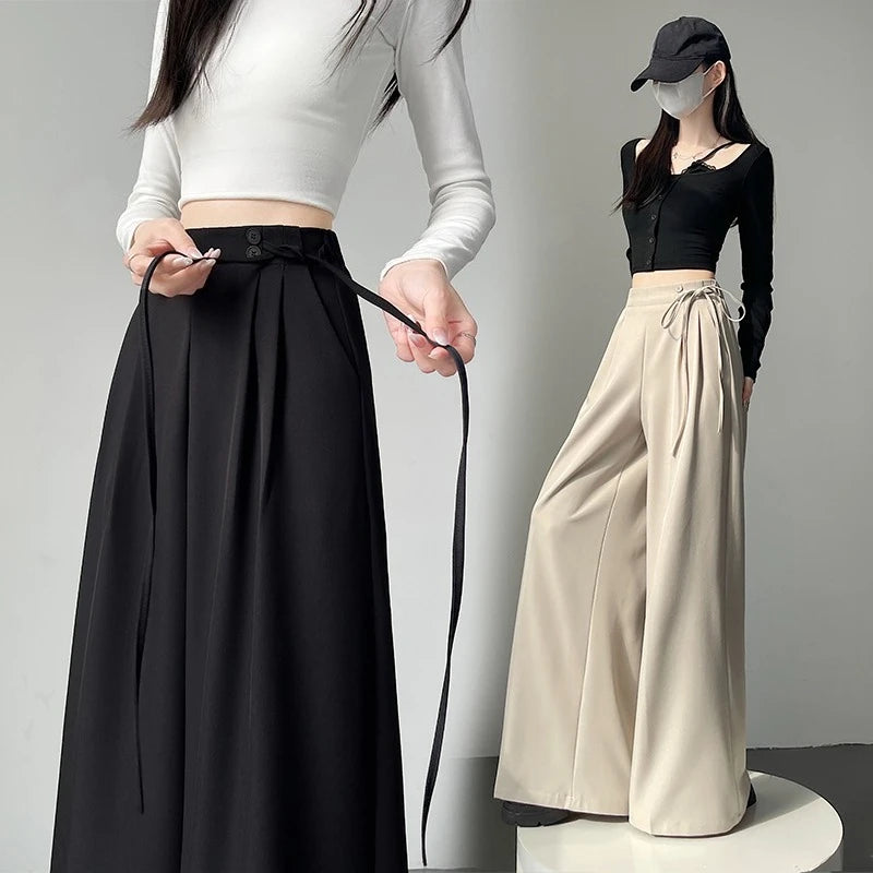LIZAKOSHT  -  New Spring Summer Buttons High Waist Wide Leg Pants for Women High Waist Lace-up Straight Loose Full Length Trousers Female