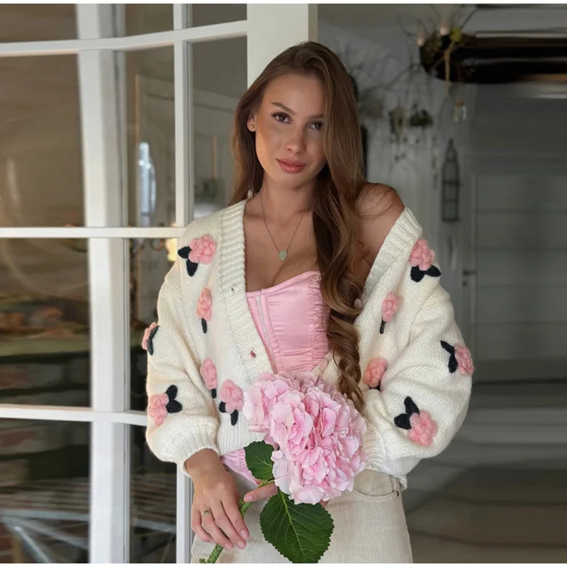 LIZAKOSHT  -  3D Flower Knitted Cardigan Woman Loose Long Sleeves Single Breasted V-Neck Casual Coats Versatile Women's Early Autumn Cardigans