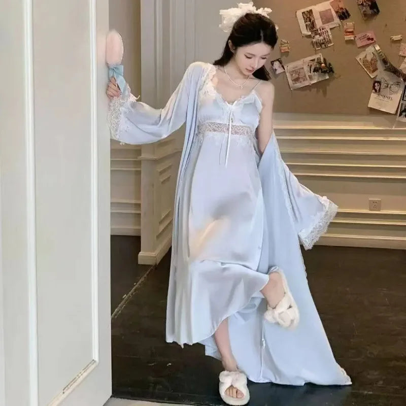 LIZAKOSHT  -  Elegant Women Suspender Nightgown Set with Thin Cardigan Soft Solid Color Homewear French Style Casual Daily Loungewear
