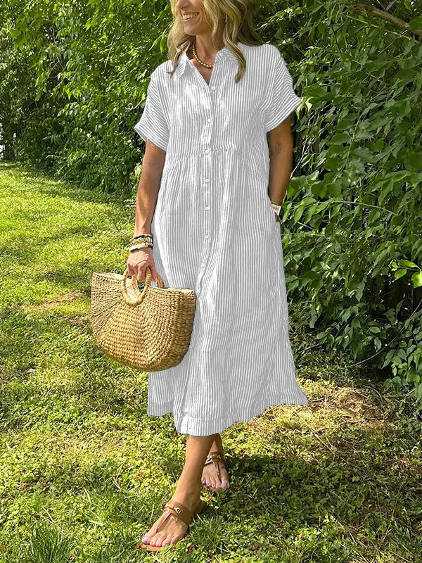 LIZAKOSHT  -  Summer New Women's Striped Dress Shirt Lapel Loose Button Cardigan Pocket Fashion Vacation Casual Street Midi Skirt for Female