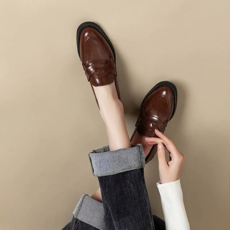 LIZAKOSHT  -  Retro Spring Autumn Women's round Toe Thick Heel Slip-On Loafers British Style Fashion Single Shoes Comfortable Leather