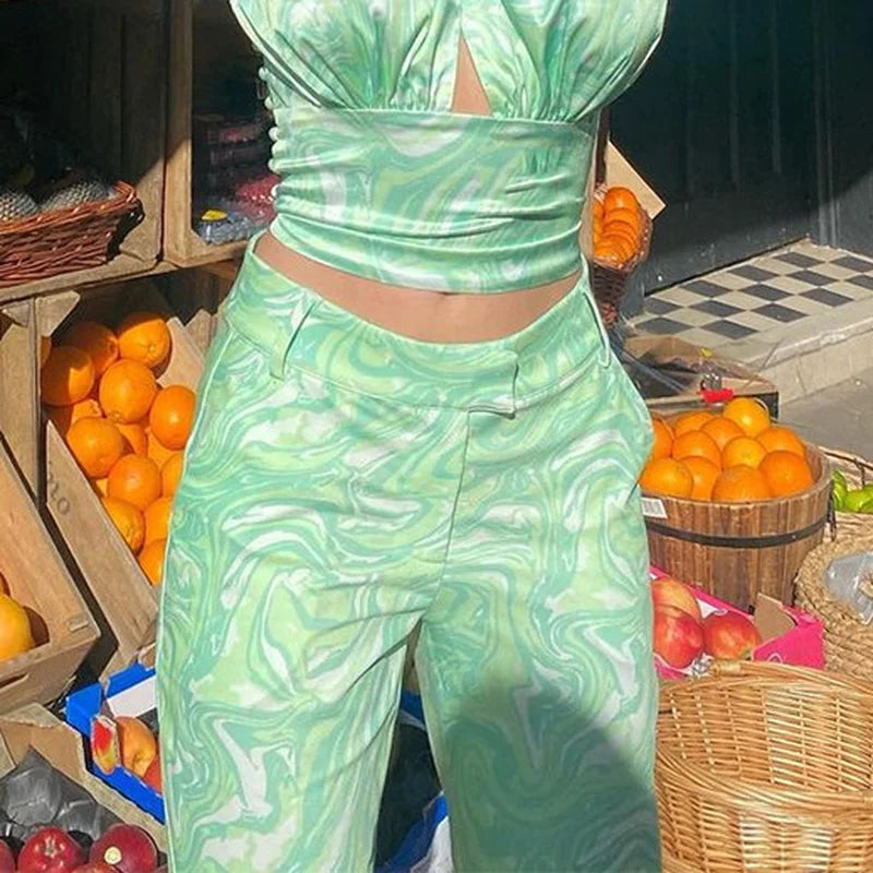 LIZAKOSHT -  Y2K Women Spring High Waist Tie Dye Print Pants Green Summer Fashion Wide Leg 90s Trousers Zipper Vintage Oversize Harajuku