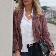LIZAKOSHT -  Work Office Lady Suit Slim Double Breasted Business Female Blazer Fashion Autumn Women Plaid Blazers and Jackets Coat Pockets