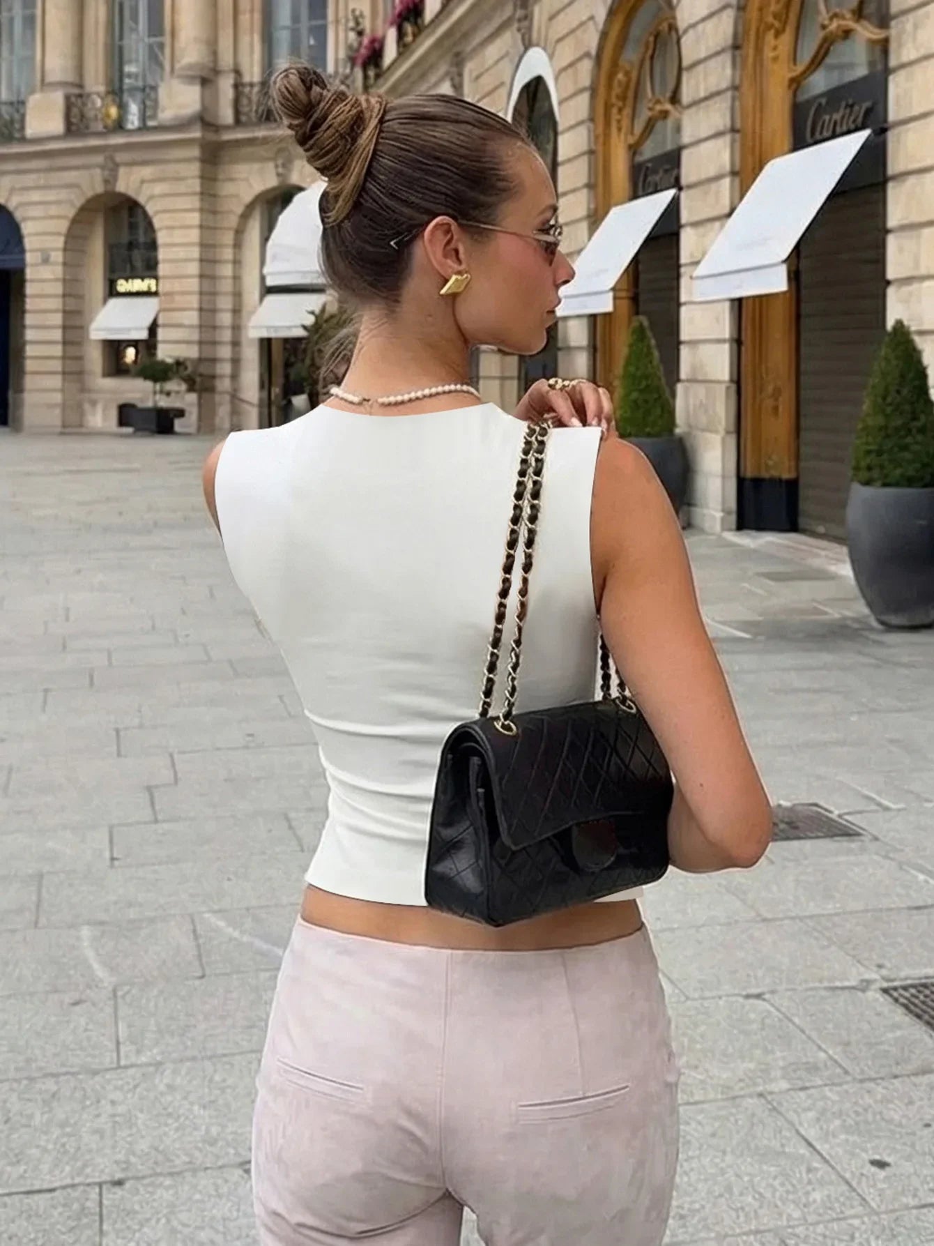 LIZAKOSHT  -  Women Fashion Hollow Out V Collar Short Tops Chic Sleeveless Solid Color High Waist Elegant Blouse Lady Commute New Vests