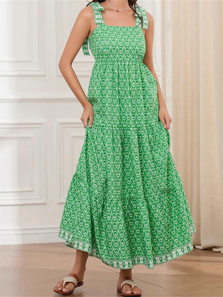 LIZAKOSHT  -  Women Sleeveless Tie-up Strap Long Maxi Dress Fashion Print High Waist Backless Dress for Summer Female Vestidos