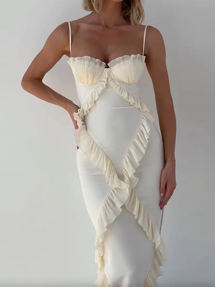 LIZAKOSHT  -  Women Elegant Ruffle Patchwork Sling Maxi Dress Fashion Backless Sleeveless Split Bodycon Dresses 2024 Lady Party Evening Robes