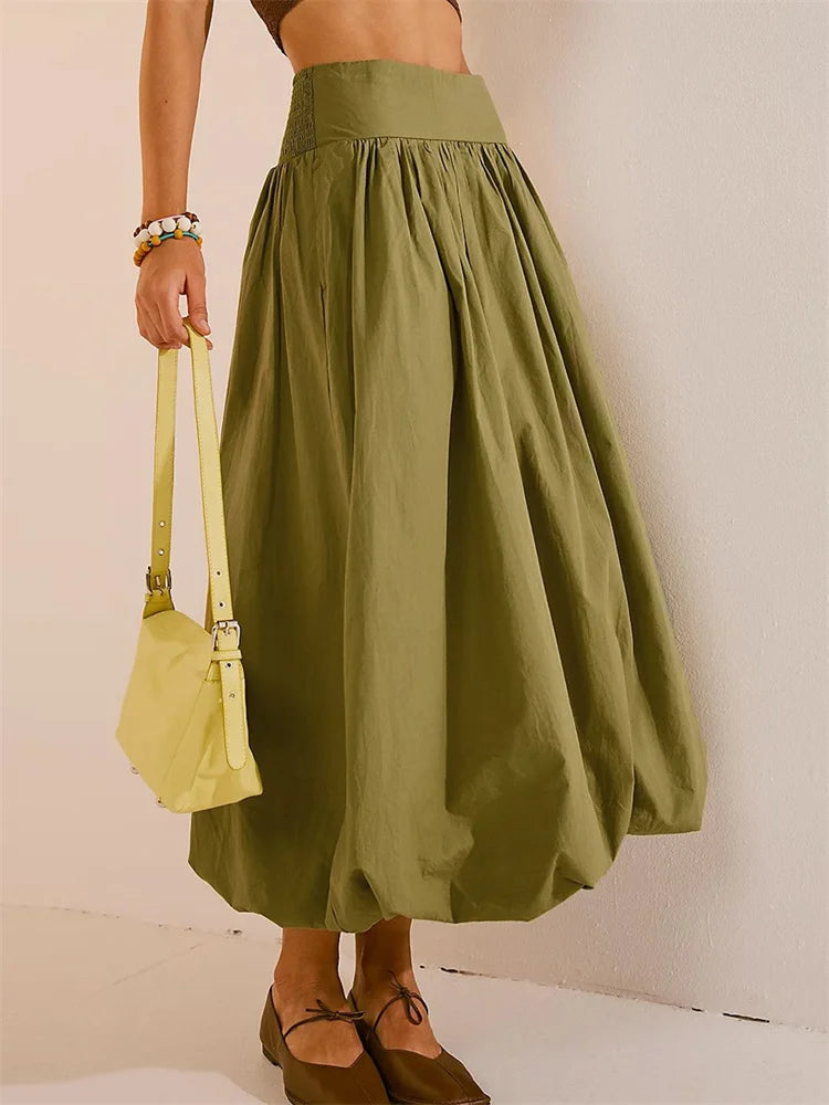 LIZAKOSHT  -  Women Long Maxi Skirts Casual Loose Fit Elastic Waist Solid Color Ruched Pleated Skirts for Summer Spring Streetwear
