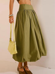 LIZAKOSHT  -  Women Long Maxi Skirts Casual Loose Fit Elastic Waist Solid Color Ruched Pleated Skirts for Summer Spring Streetwear