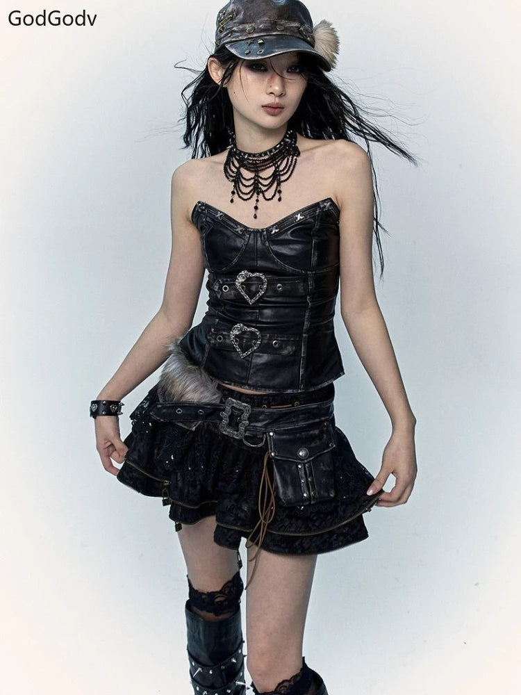 LIZAKOSHT  -  Spring Gothic Vintage Skinny Dark Punk 2 Piece Sets Women Hot Girl Y2k Slim Tops +Ruffle Design Mini Skirt Female Chic Outfits