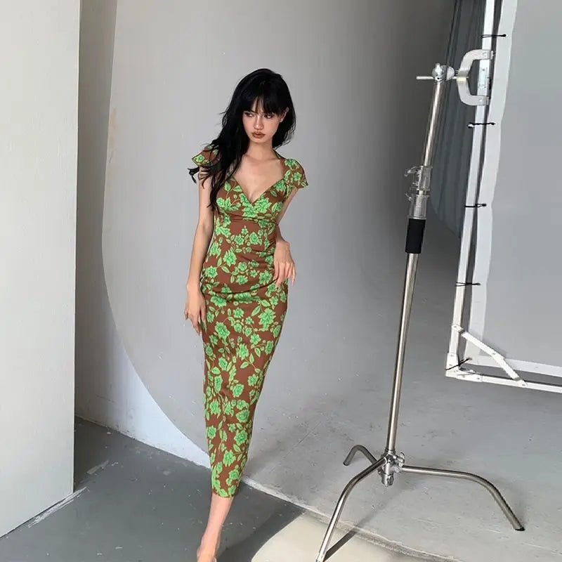 LIZAKOSHT  -  Sexy Elegant Girl Deep V-neck Fishtail Style Printed Dress Long Dress New Summer