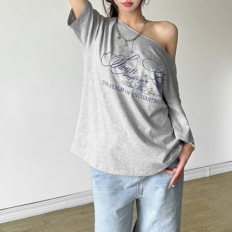 LIZAKOSHT  -  Letter Print Graphic T Shirts White Oversized One Shoulder Tops Womens Summer Fashion Clothing Trends 2025