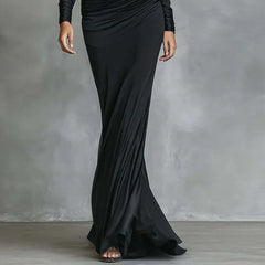 LIZAKOSHT  -  Sexy Skew Collar Hollow Solid Evening Dress Woman Elegant High Waist Pleated Dress Fall One-shoulder Long Sleeve Slim Maxi Dress