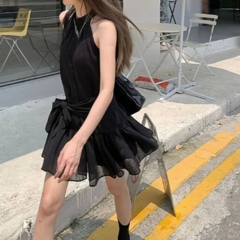 LIZAKOSHT  -  Ruffles Women Dresses Solid Halter Spring Summer Elegant Vestidos Mujer Korean Fashion Bandage Retro Mini Dress