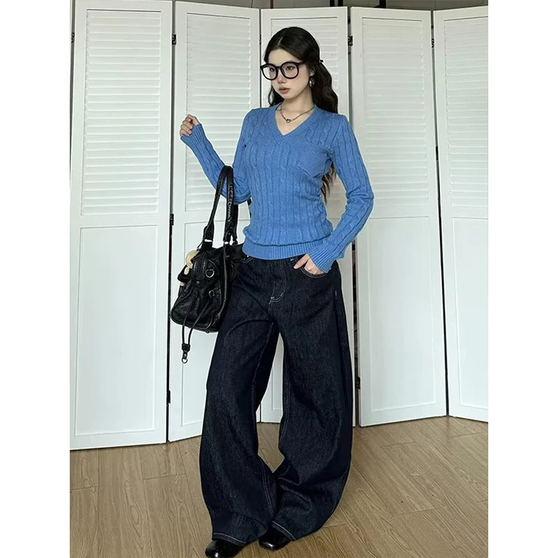 LIZAKOSHT  -  Autumn Winter Fashion Women Nail Drill Jeans Causal Wide Straight Leg Studded Rhinestone Decor Denim Pants with Pockets